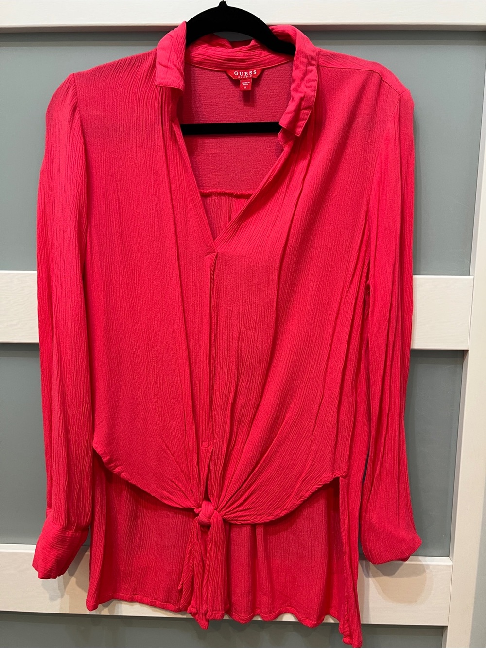 GUESS Hot Pink Knot-Front Long Sleeve Blouse